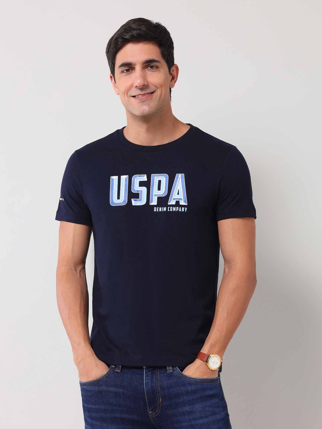 

U.S. Polo Assn. Denim Co. Men Typography Printed Round Neck Cotton Slim Fit T-shirt, Navy blue