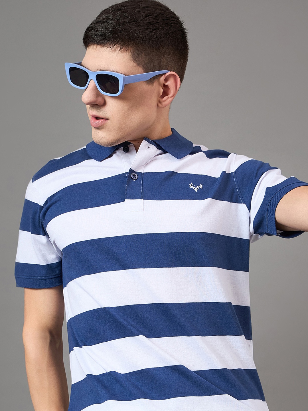 

BRONATION Men Striped Polo Collar Cotton T-shirt, Navy blue