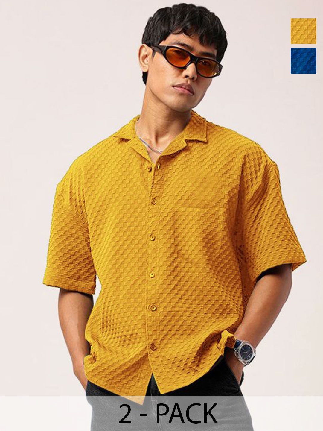 

SZN Men Pack Of 2 Standard Relaxed Fit Cuban Collar Textured Casual Shirts, Yellow
