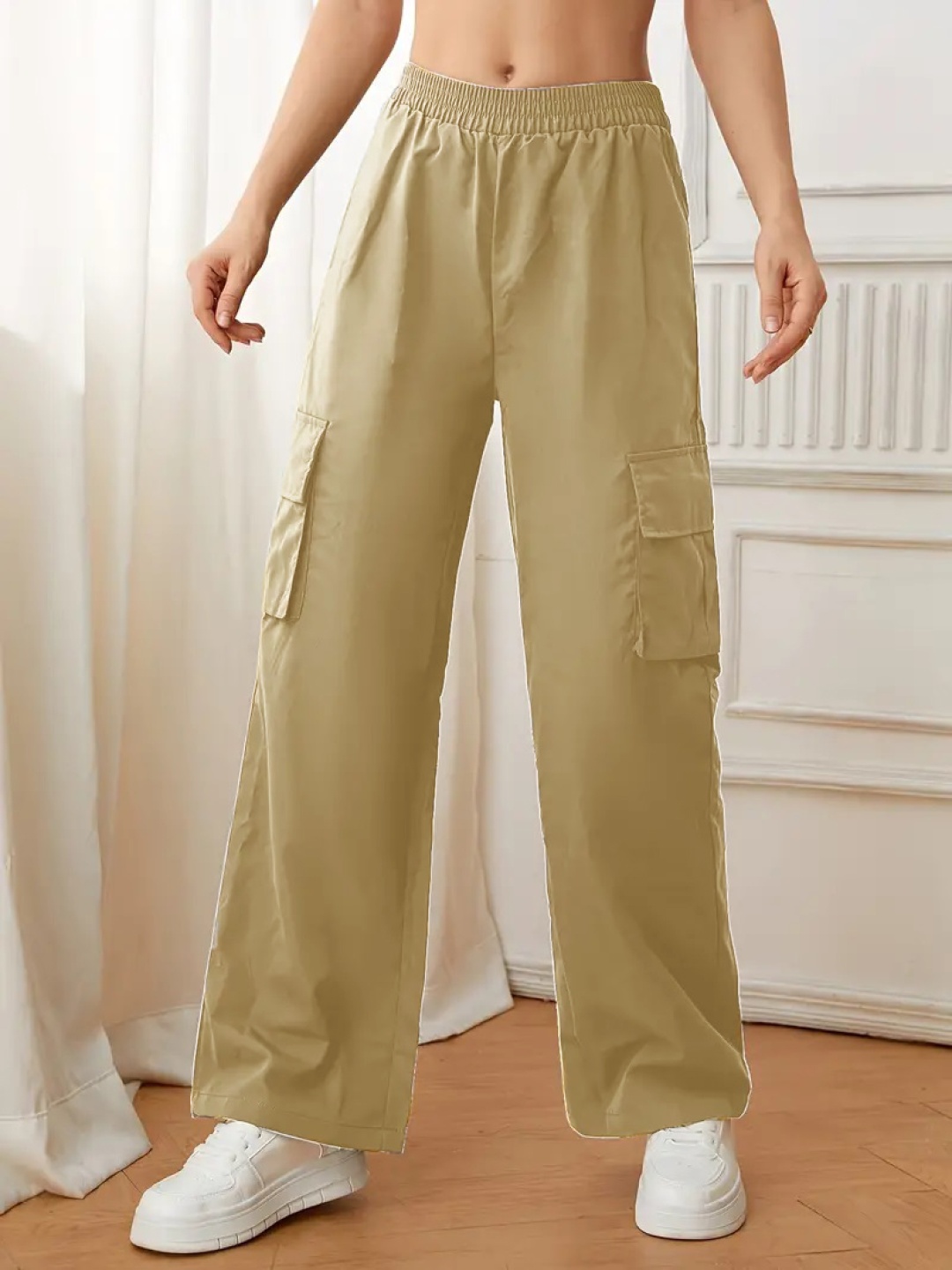 

SHINE N SHOW Women Relaxed High-Rise Cargos Trousers, Beige