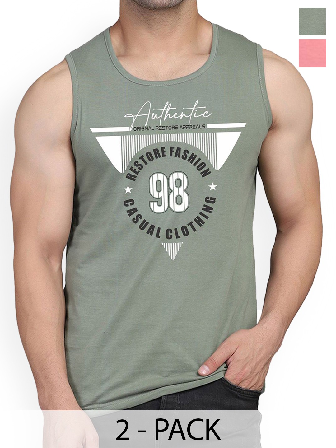 

WOOSTRO Pack Of 2 Printed Sleeveless Innerwear Vests, Green