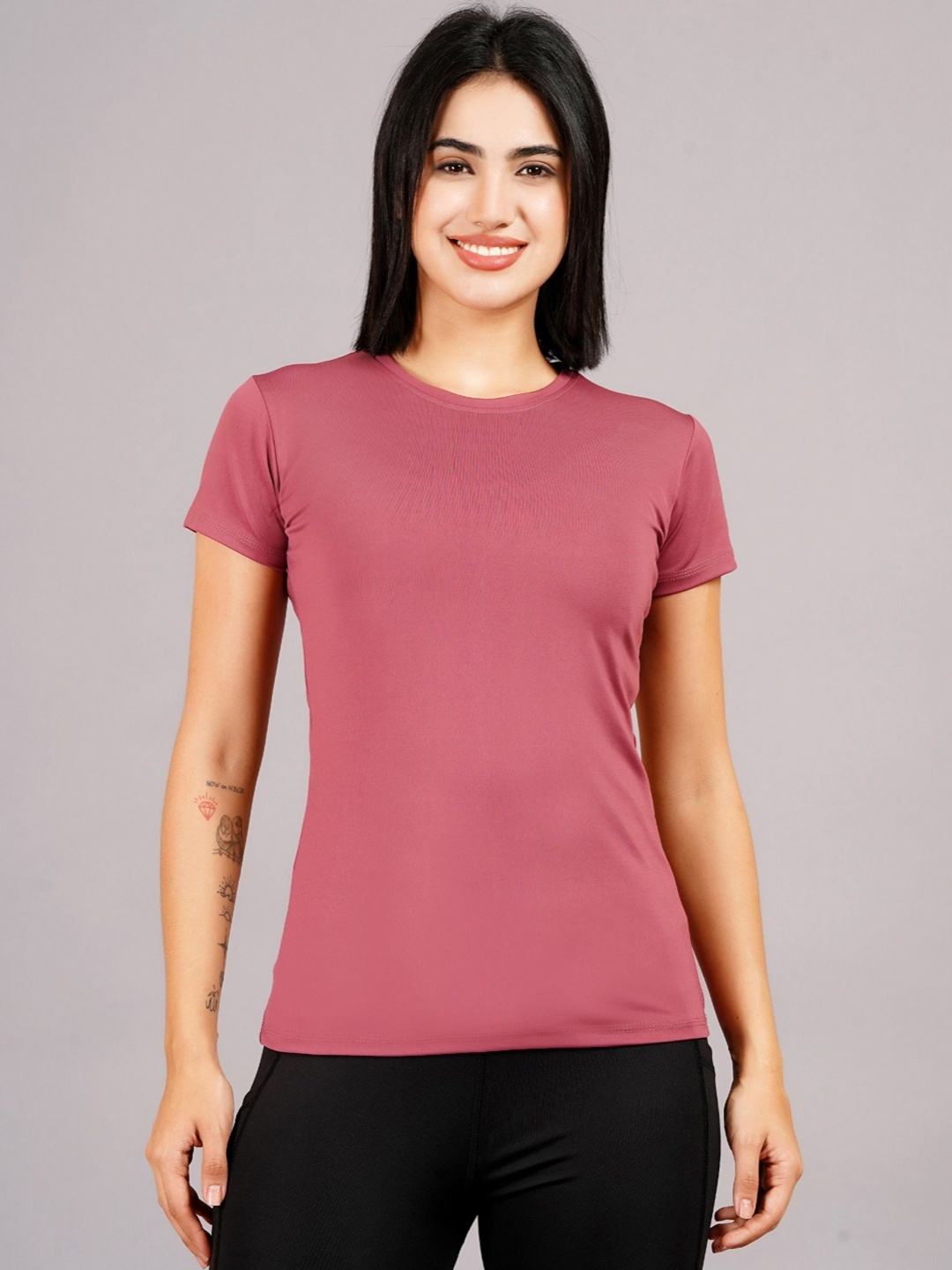 

Kyk Women Solid Round Neck Compression T-shirt, Pink