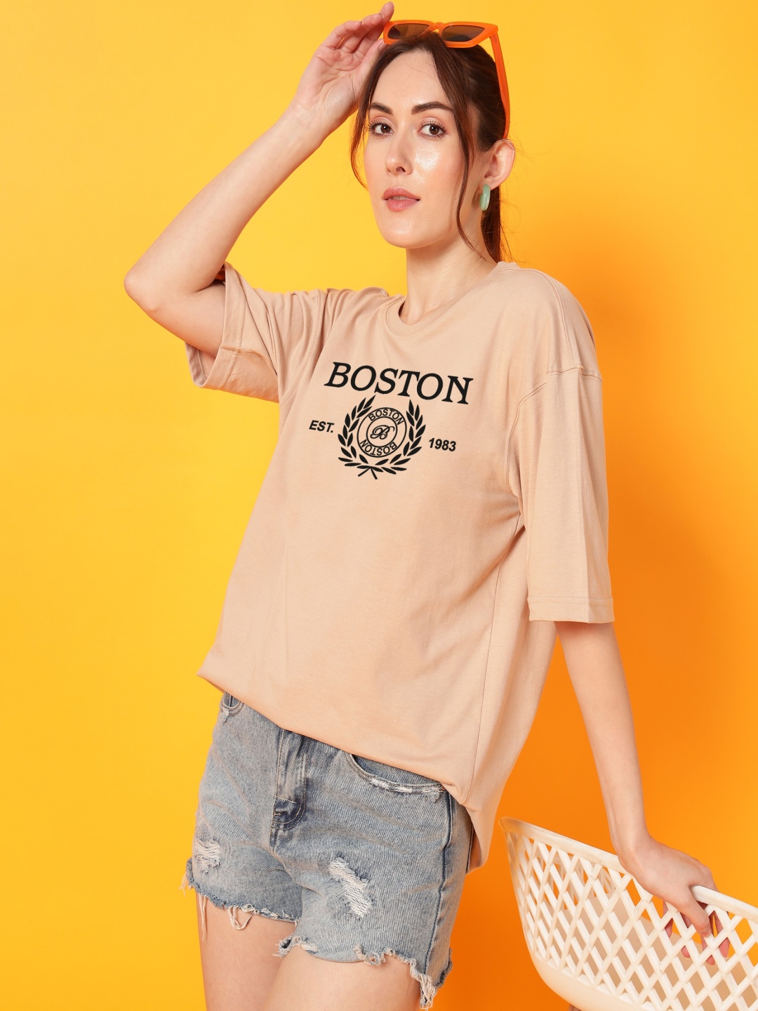 

Dogman Women Abzorb Varsity Printed Round Neck Cotton Oversized T-shirt, Beige
