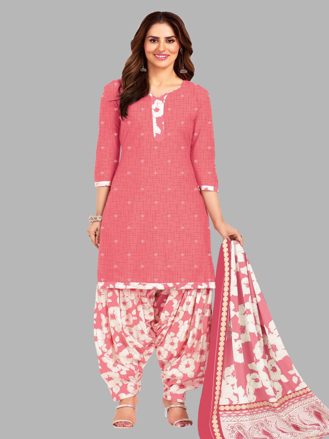 

Simmu Ethnic Motifs Printed Pure Cotton Unstitched Dress Material, Pink
