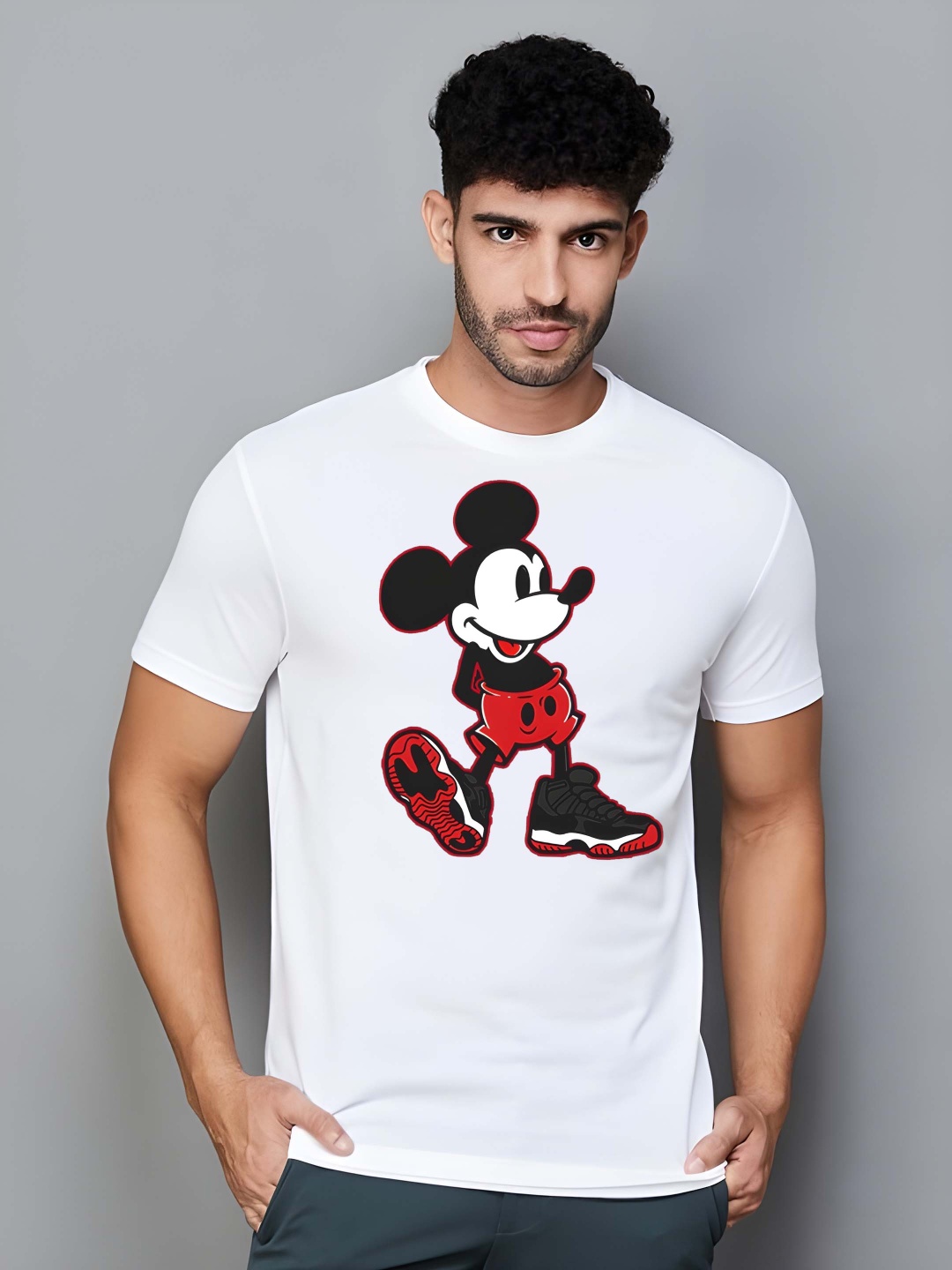 

Krimmple Men Mickey Mouse Graphic Printed Round Neck Cotton T-shirt, White