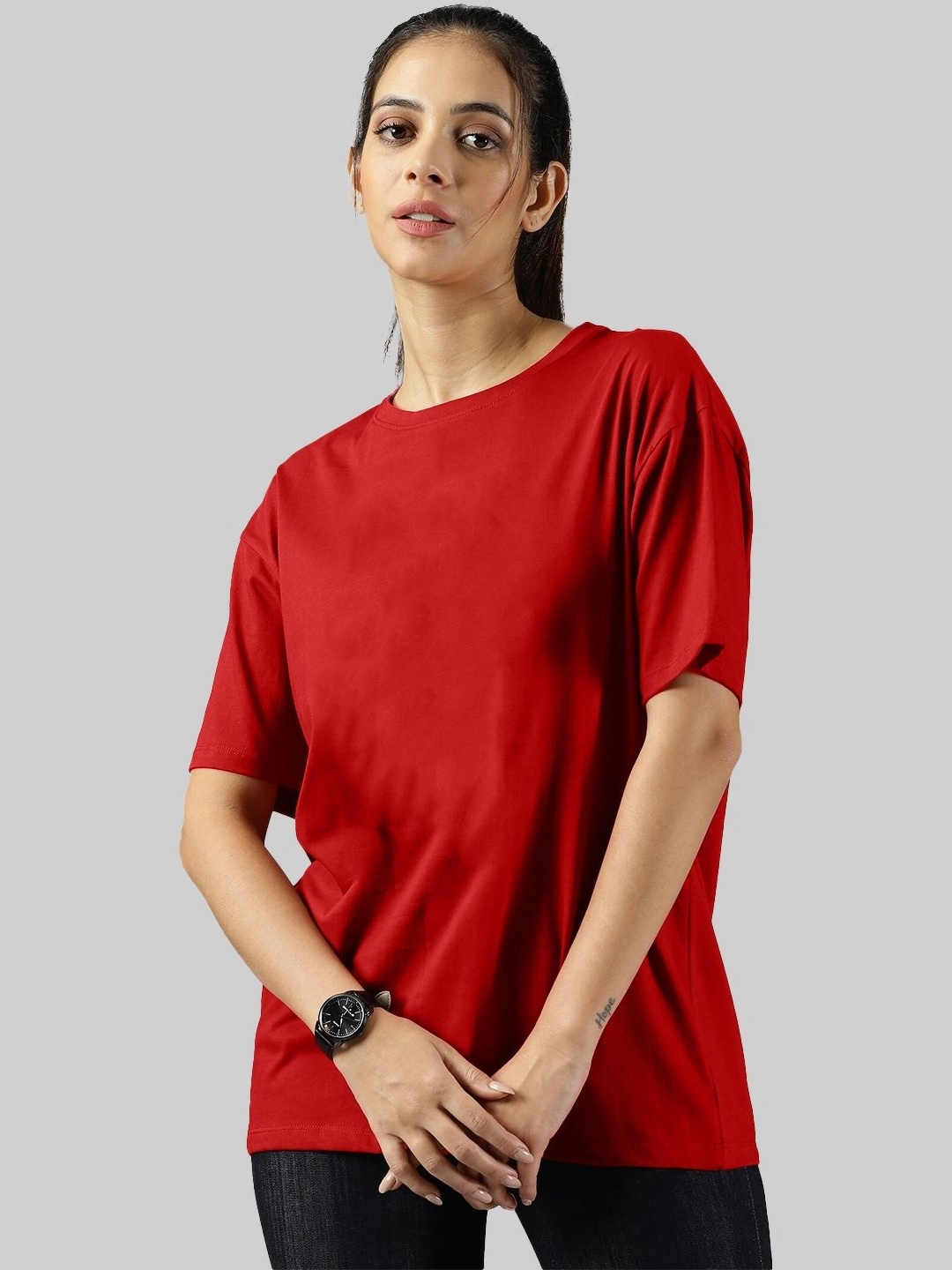 

Leotude Women Solid Round Neck Cotton Oversized T-shirt, Red