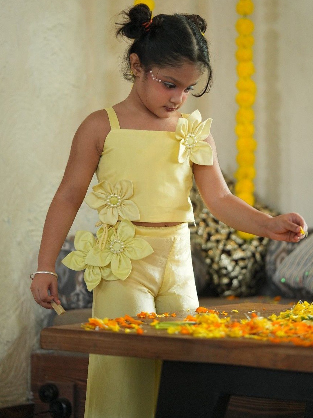 

Funny Bones Clothings Pure Organza Top & Plazzo Set With Pearls Embeded Handwork Sunflower, Yellow