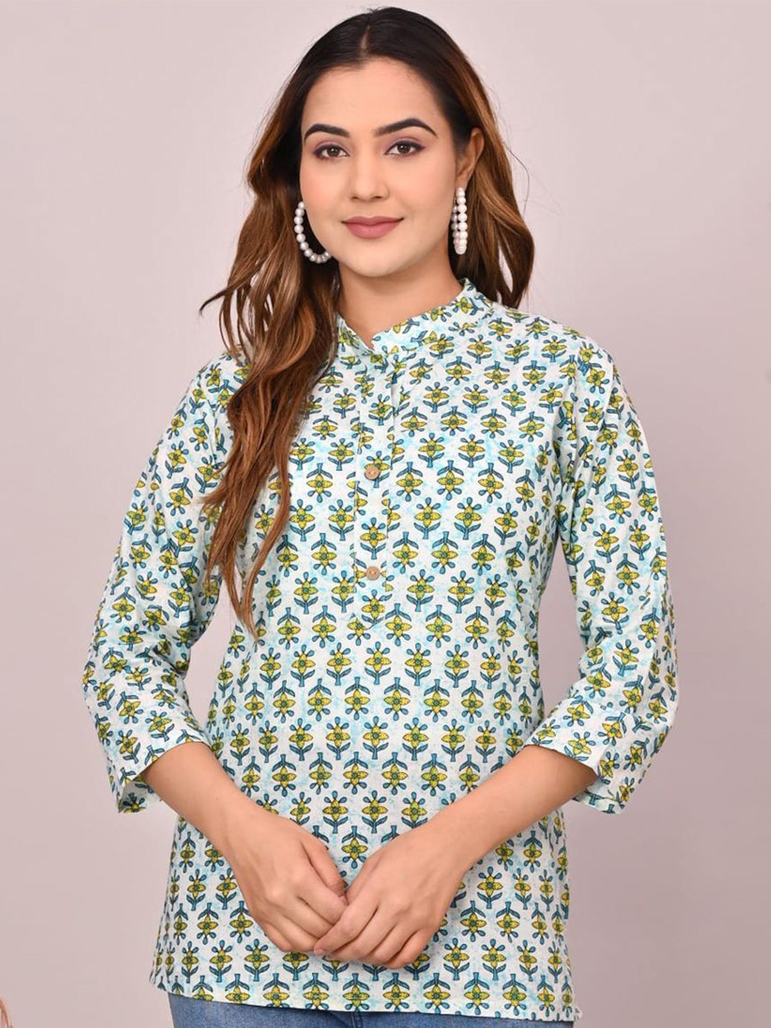 

FABRU Floral Printed Pure Cotton Kurti, Blue