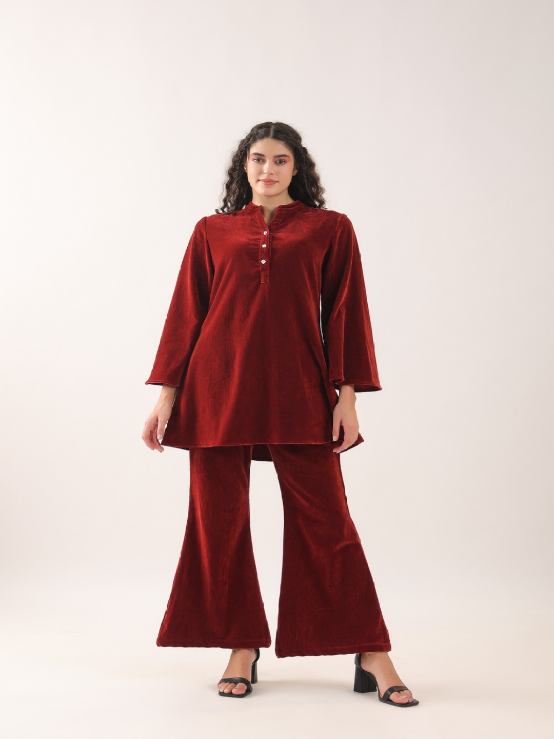 

JISORA Solid Mandarin Collar Pure Cotton Co-Ord Set, Maroon