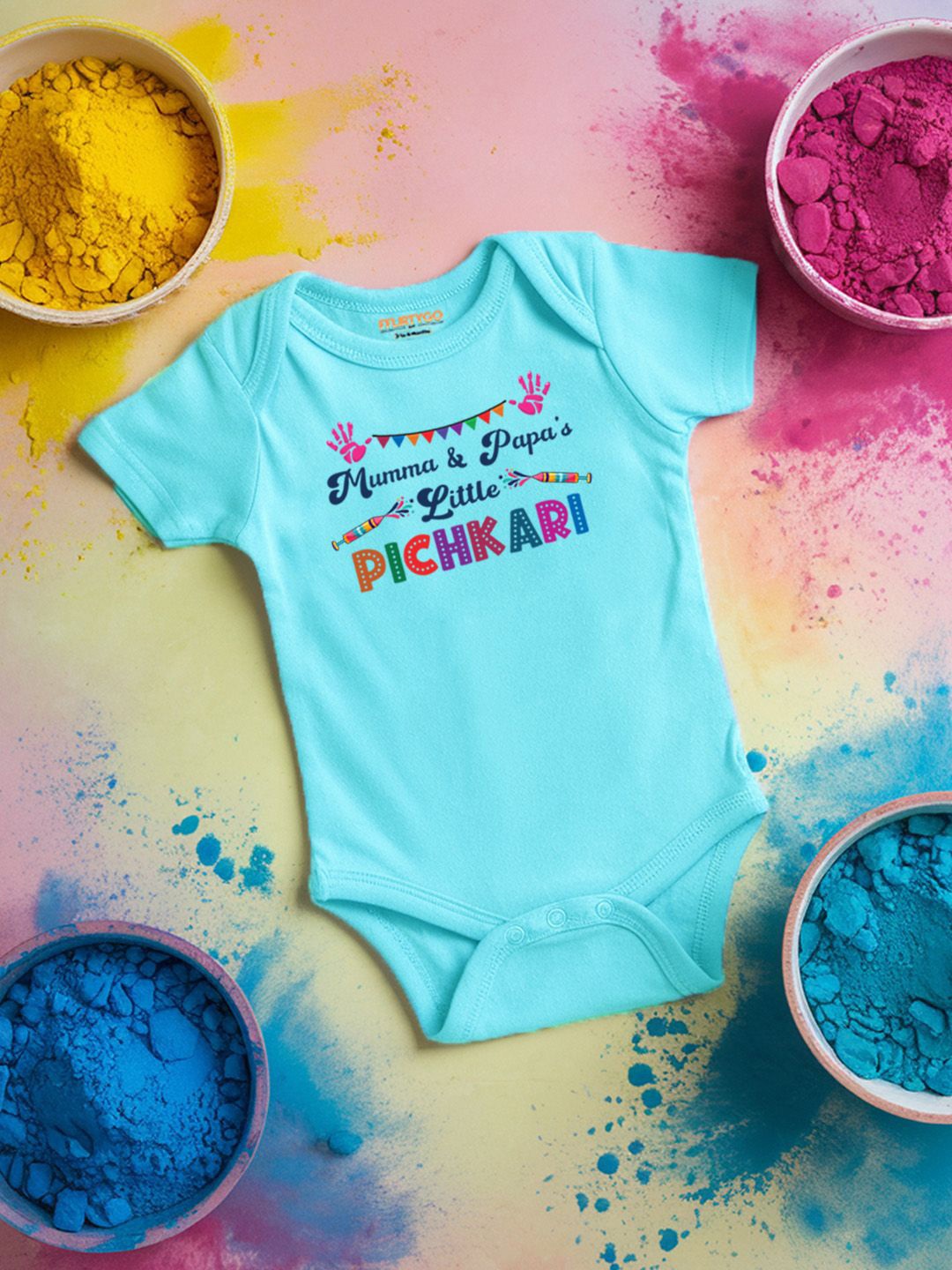 

FFLIRTYGO Infants Holi Printed Cotton Bodysuit, Turquoise blue