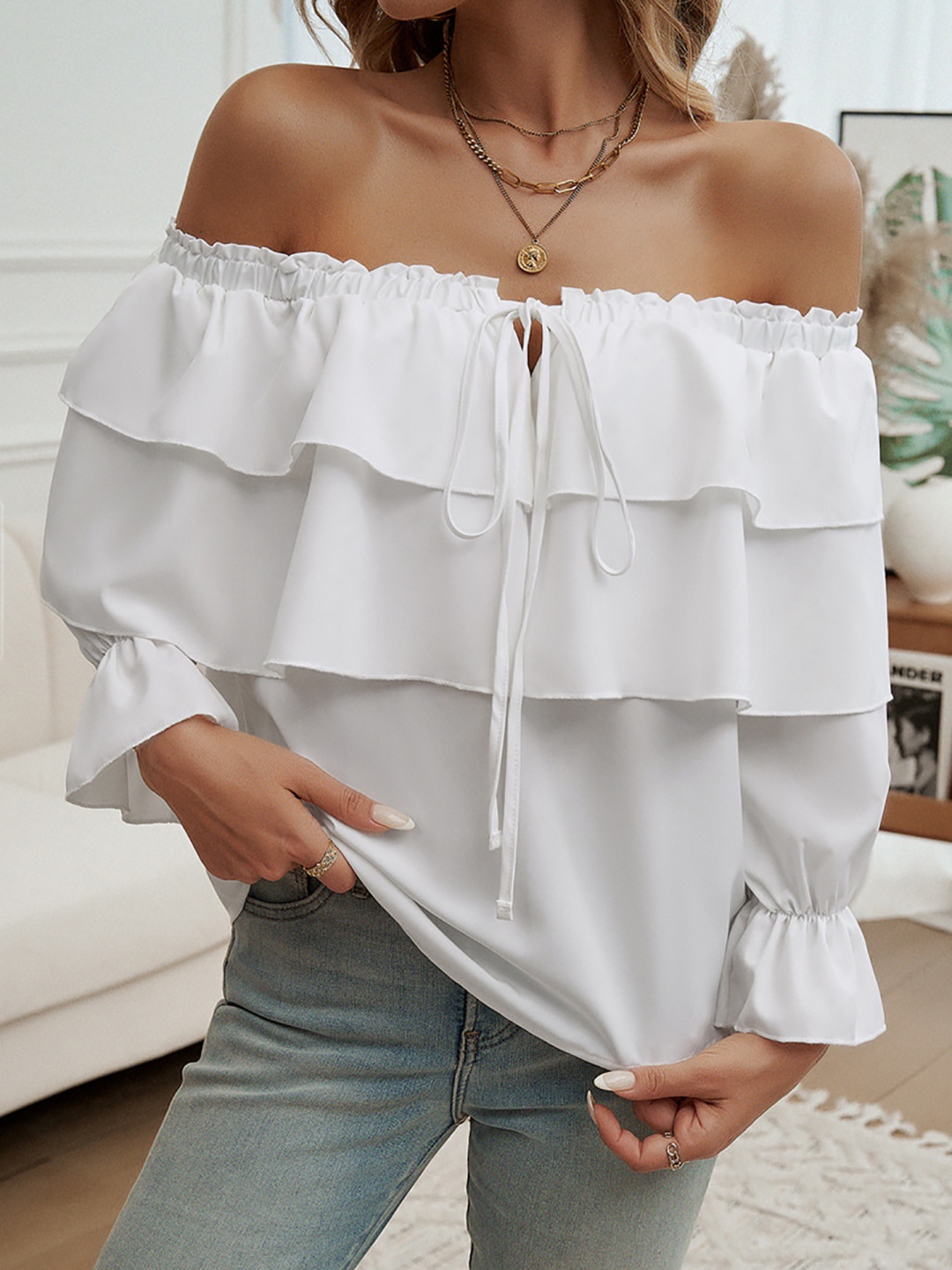 

StyleCast x Revolte Off-Shoulder Ruffles Peplum Crop Top, White