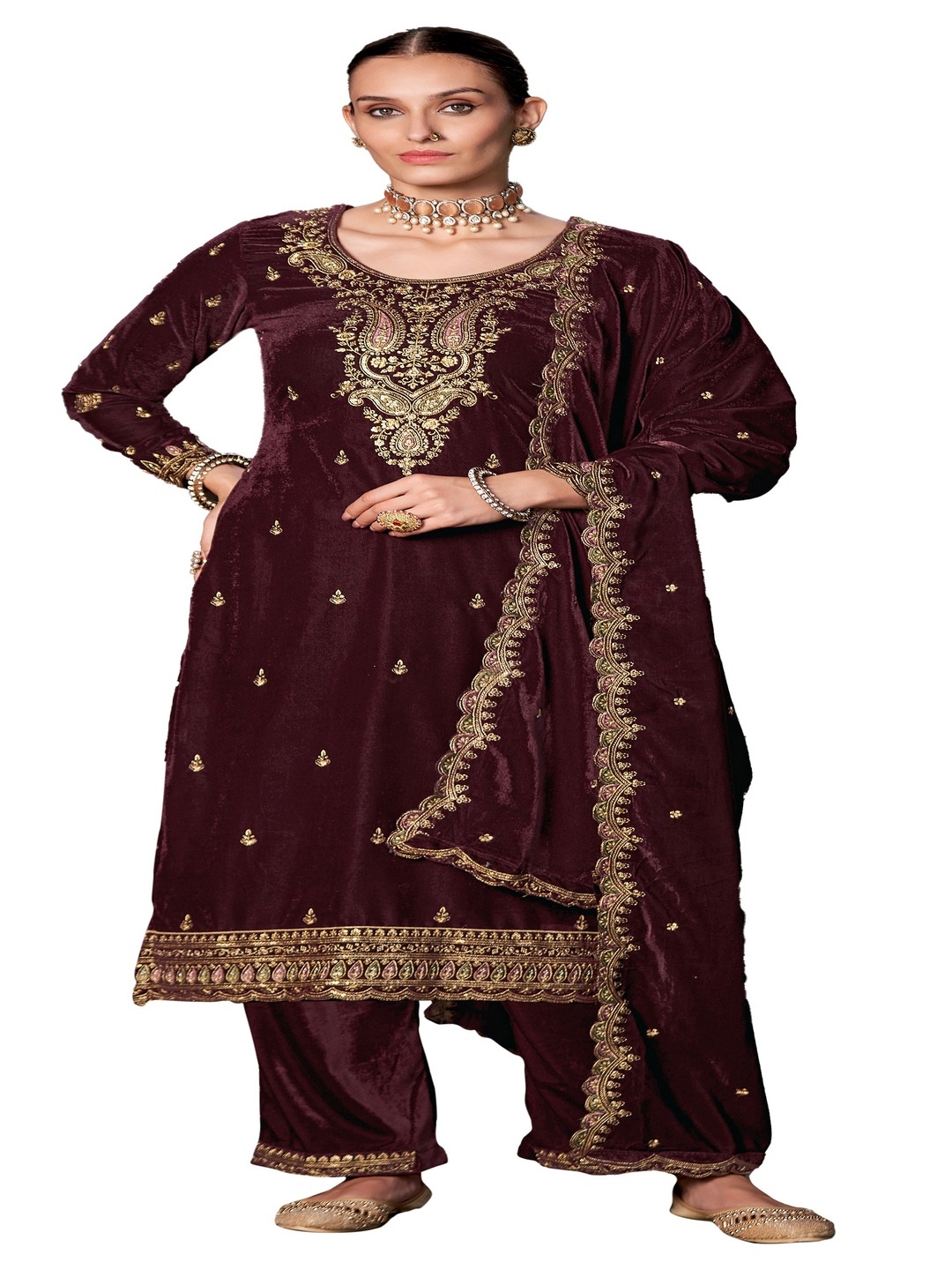 

DRAVINAM Floral Embroidered Velvet Unstitched Dress Material, Maroon