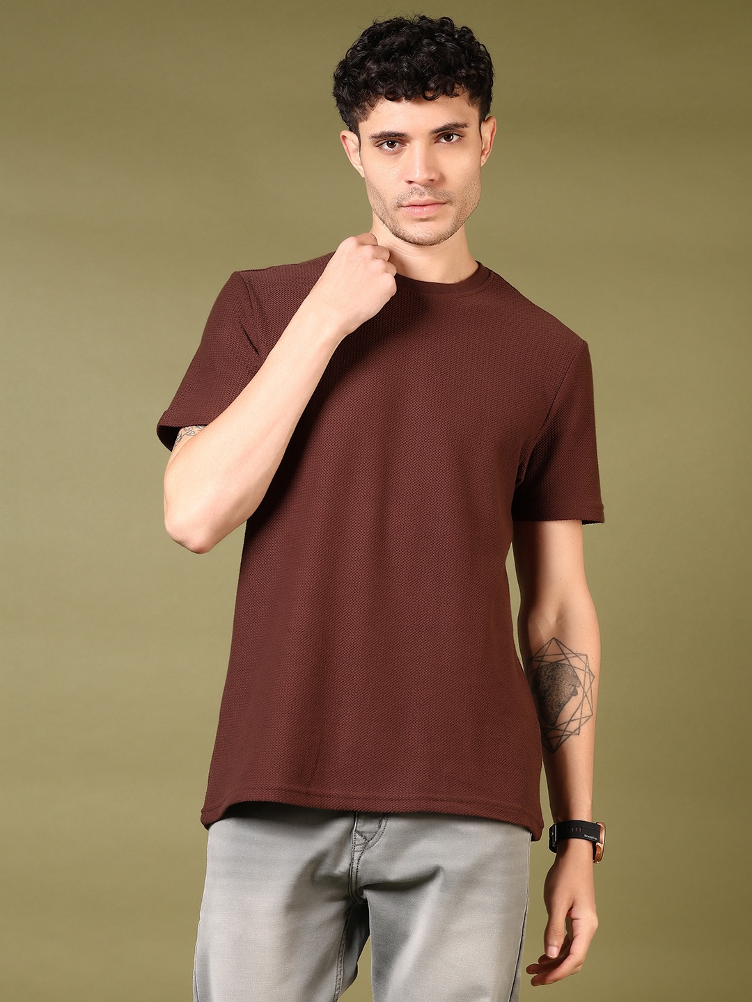 

V-Mart Men Self Design Round Neck Cotton T-shirt, Brown