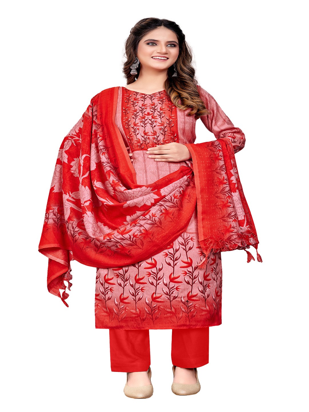 

DRAVINAM Trends Floral Printed Pashmina Unstitched Dress Material, Red