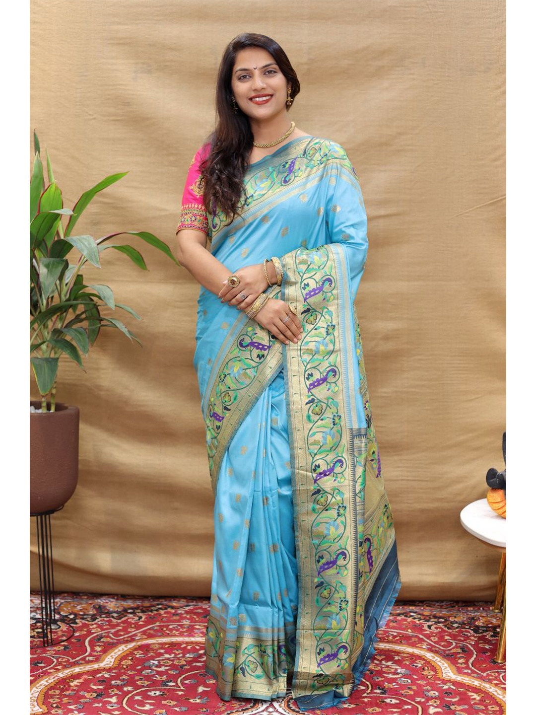 

amirat Ethnic Motifs Woven Design Zari Pure Silk Paithani Saree, Blue