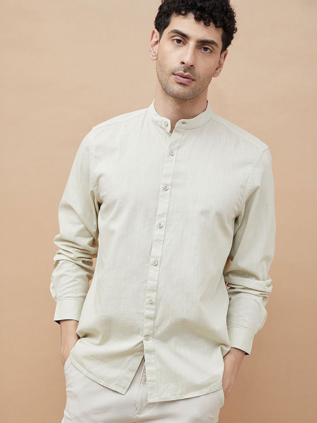 

CODE by Lifestyle Men Band Collar Solid Cotton Casual Shirt, Beige