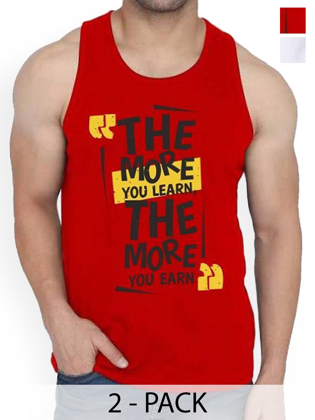

WOOSTRO Men Pack Of 2 Printed Pure Combed Cotton Gym Vests, Red