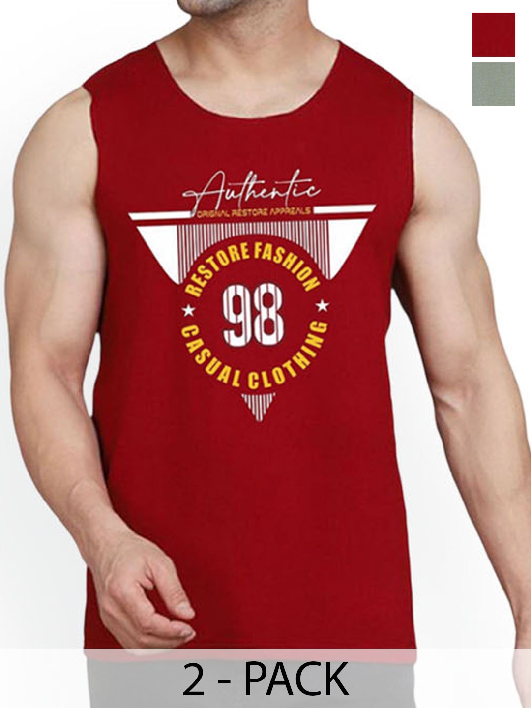 

Woostro Pack Of 2 Printed Cotton Gym Innerwear Vests RS26 CMB (98 MAROON) (RUN LGTGREEN)