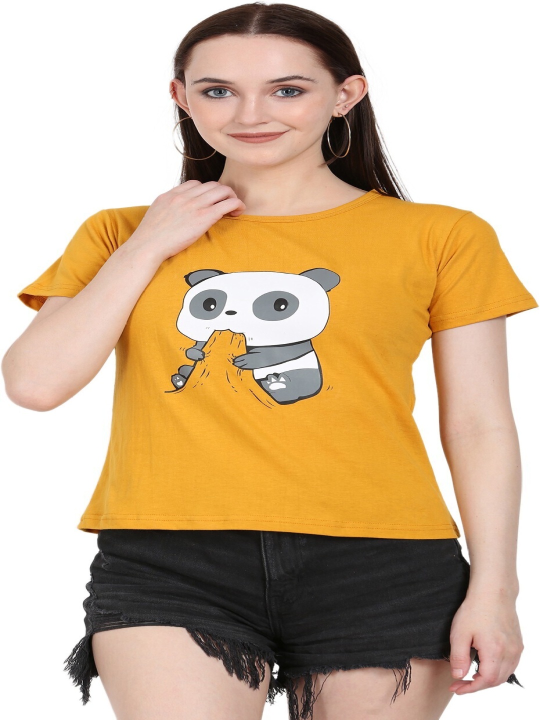 

DEEPMAYRA COLLECTION Women Graphic Printed Round Neck Cotton T-shirt, Mustard