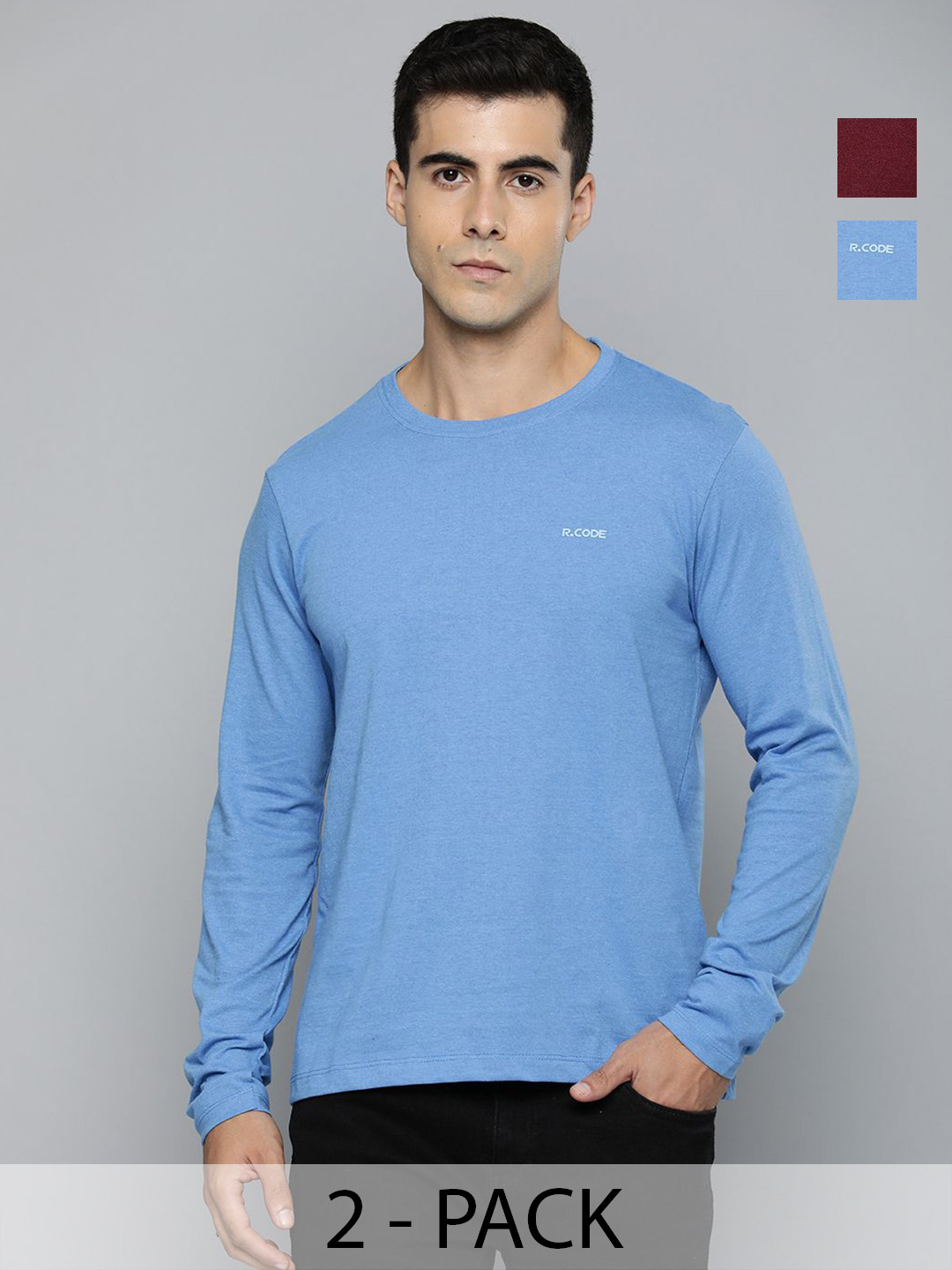

R.Code by The Roadster Lifestyle Co. Men Regular Fit Pack Of 2 Solid Cotton T-shirts, Blue