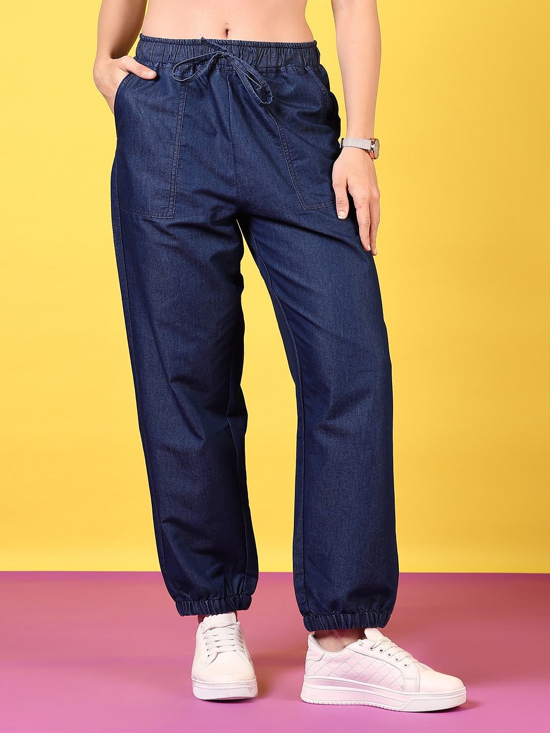 

V-Mart Women Solid Cotton High-Rise Jogger Jeans, Navy blue