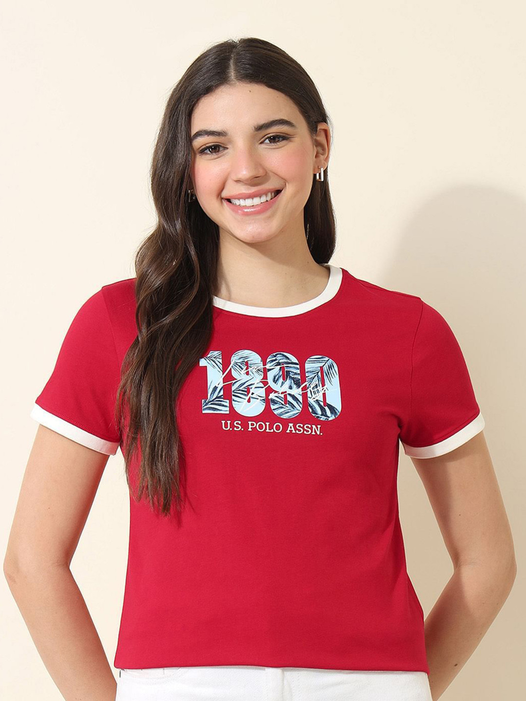

U.S. Polo Assn. Women Regular Fit Typography Printed Round Neck Cotton T-shirt, Red