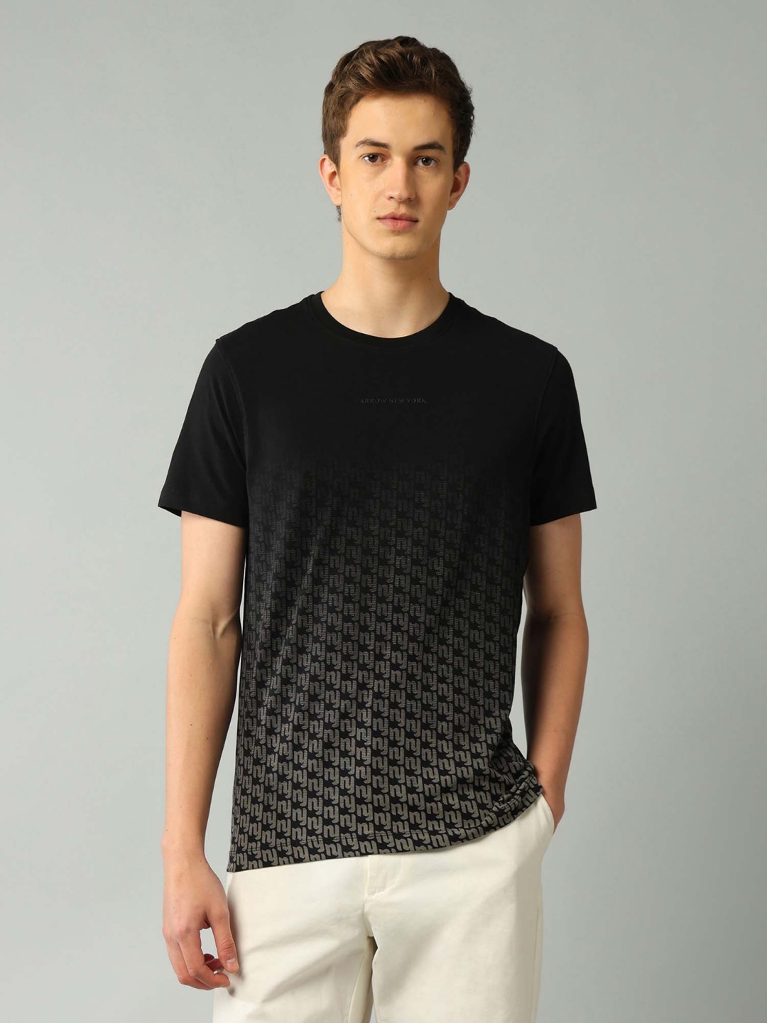 

Arrow New York Men Abstract Printed Round Neck Cotton T-shirt, Black