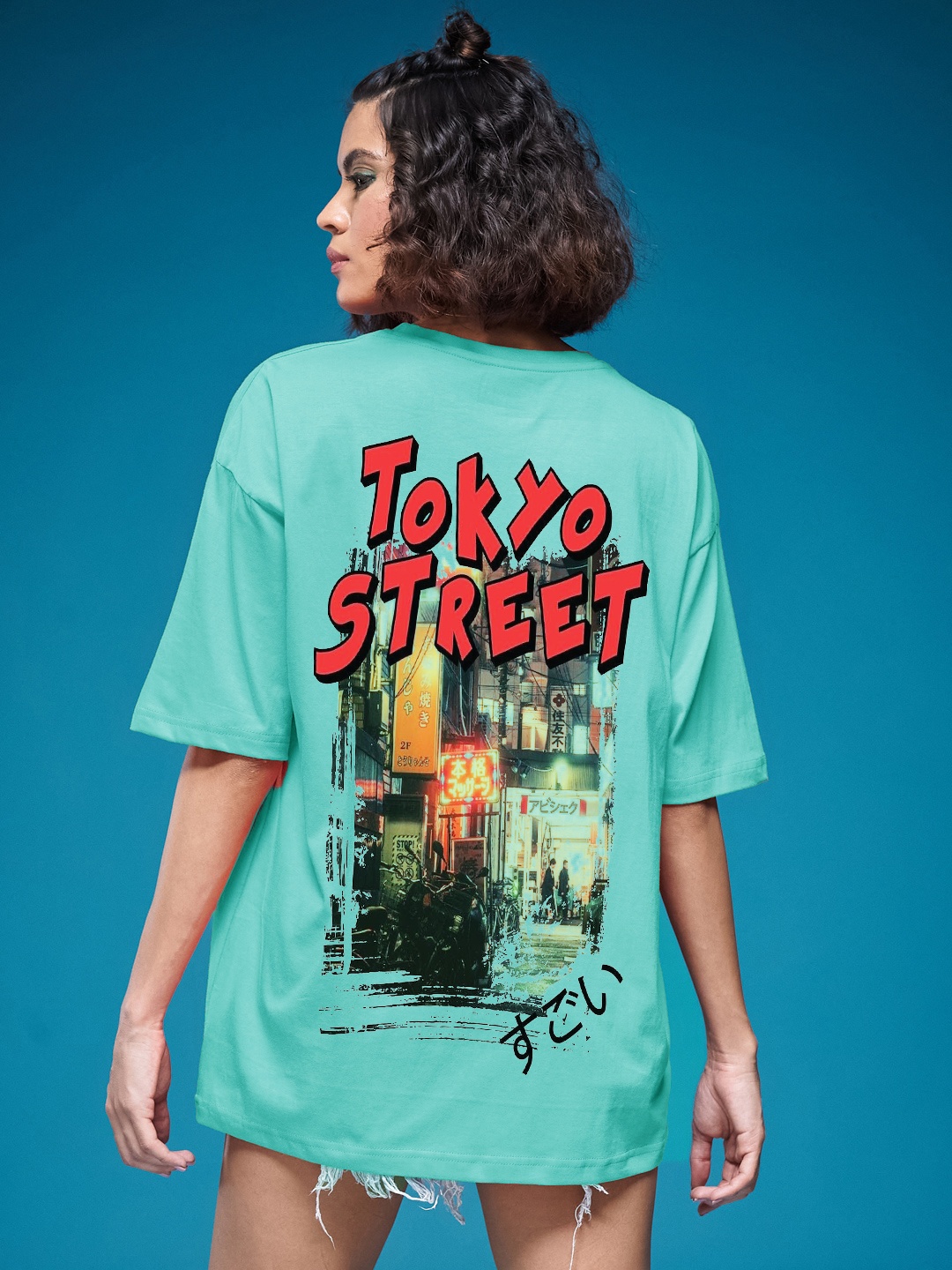 

SMARTEES Women Graphic Printed Round Neck Cotton Oversized T-shirt, Sea green