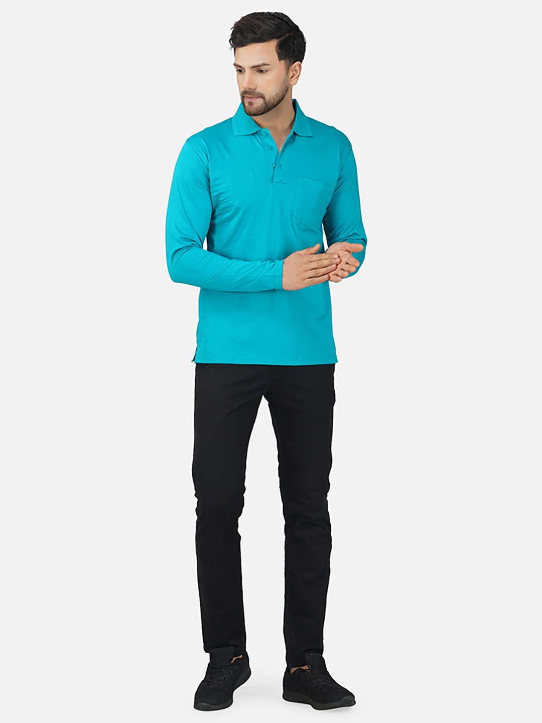

ALARM Men Solid Polo Collar Cotton T-shirt, Turquoise blue