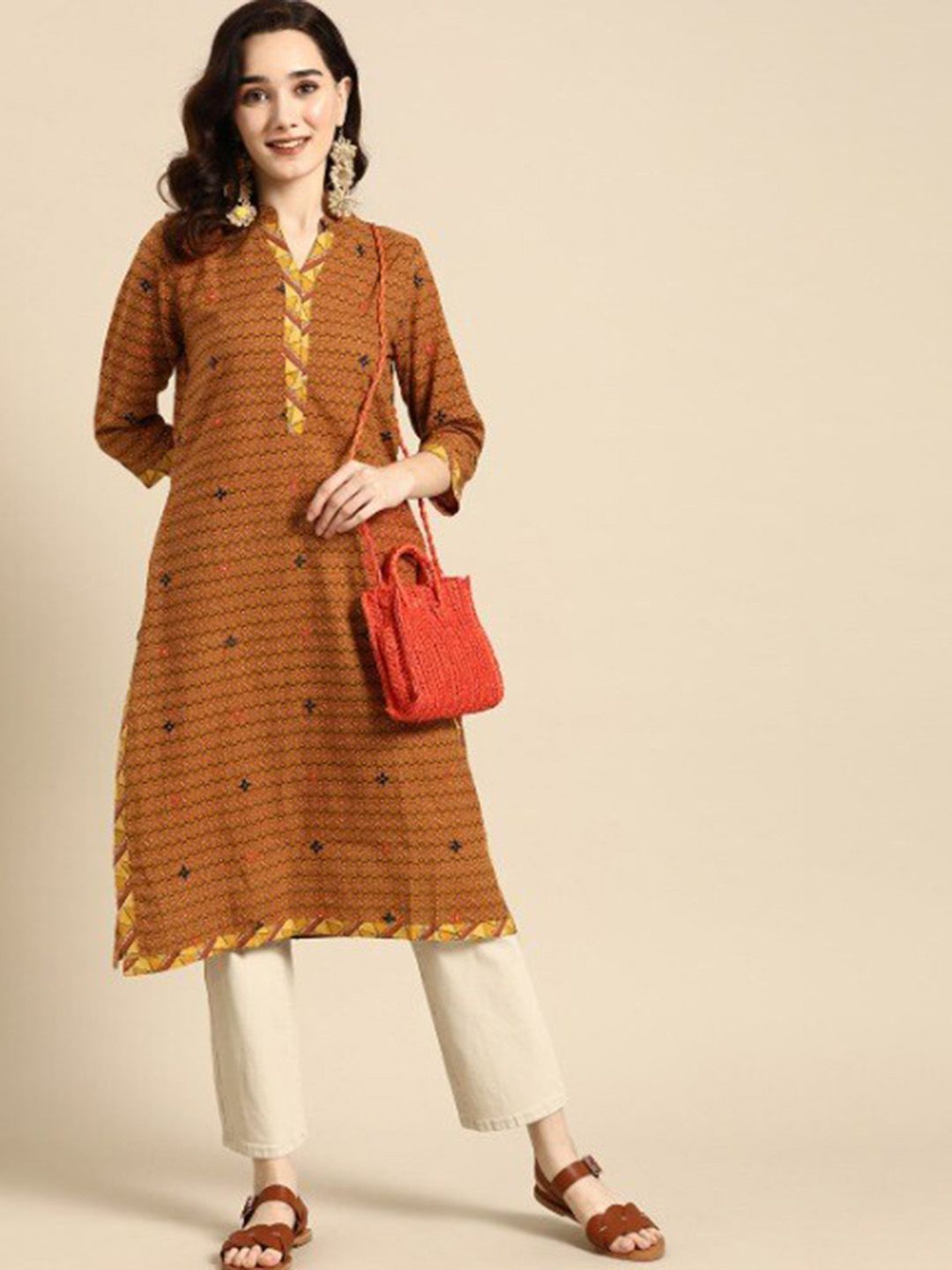 

Suha Floral Printed Mandarin Collar Mirror Work Straight Kurta, Mustard