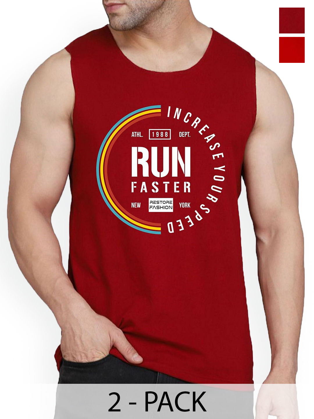 

Woostro Men Pack Of 2 Printed Pure Combed Cotton Gym Vests, Maroon