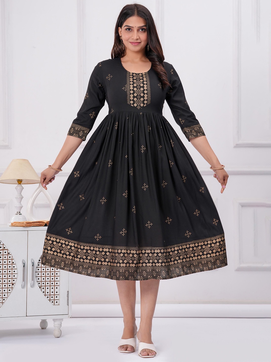 

Sanganeri Kurti Ethnic Motifs Print Fit & Flare Midi Dress, Black