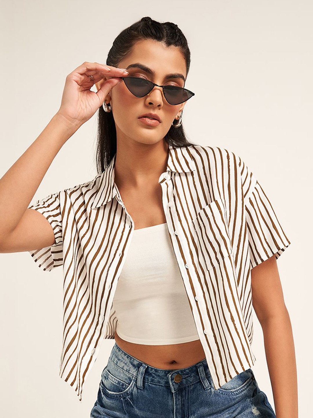 

SF JEANS by Pantaloons Women Striped Extended Sleeves Crop Top, Green