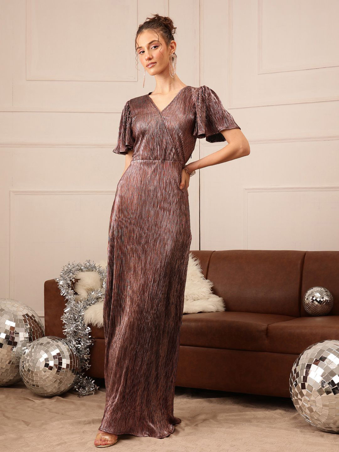 

CORSICA Satin Fit & Flare Maxi Dress, Gold