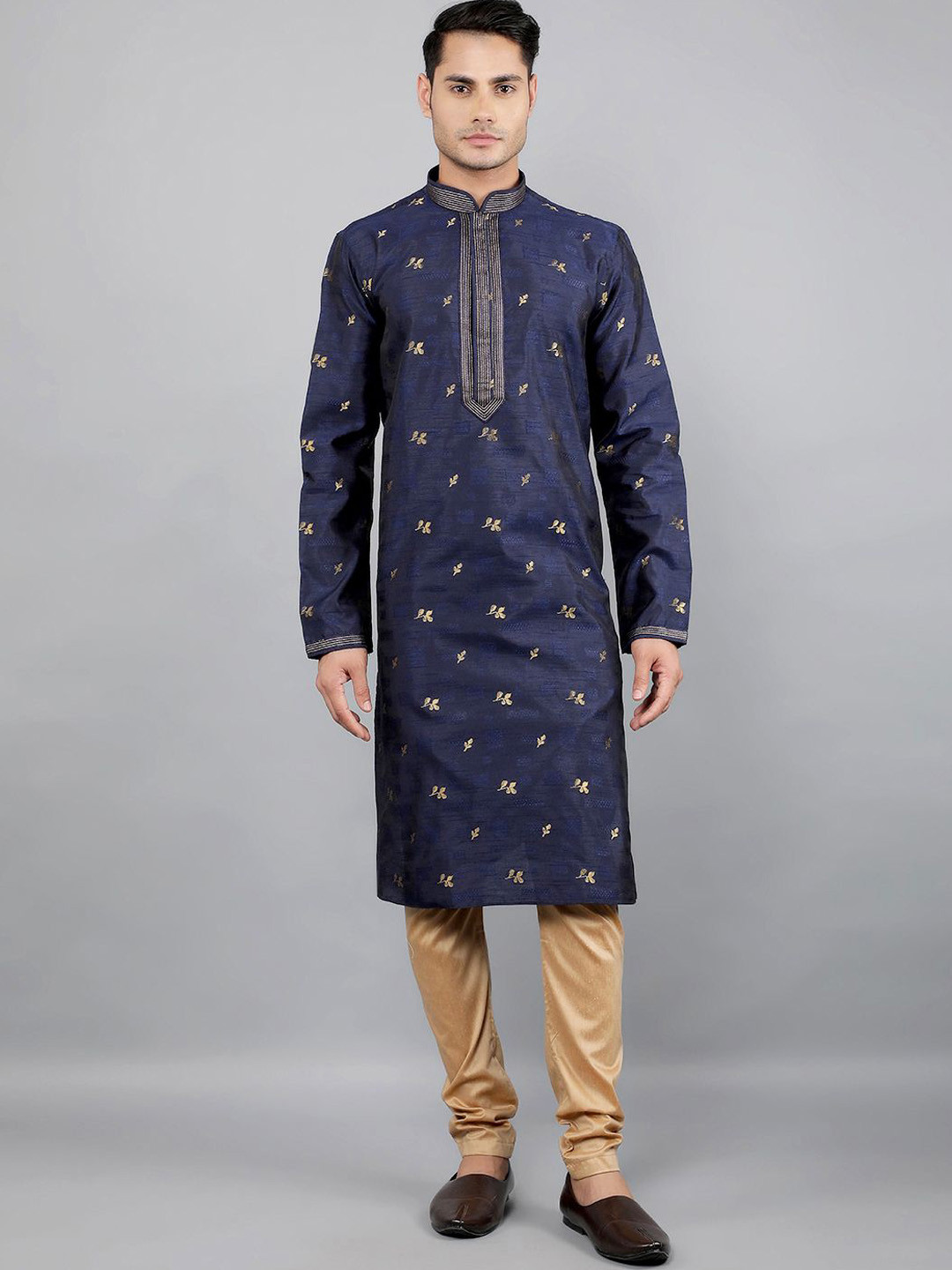 

Manish Creations Floral Woven Design Mandarin Collar Jacquard Straight Kurta With Churidar, Navy blue