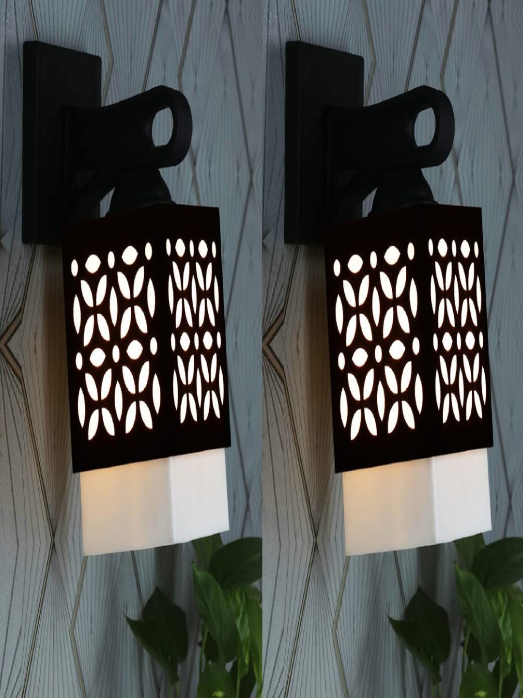 

Gojeeva Black & White 2 Pieces Textured Wooden Square Shaped Wall Lamps