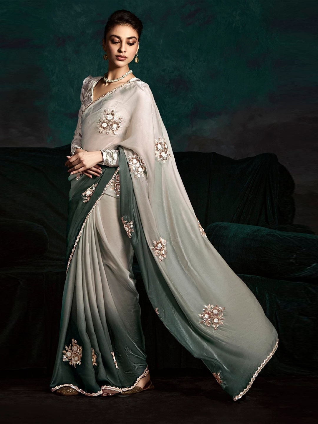 

MySilkLove Women Sequinned Embroidered Tissue Saree, Grey