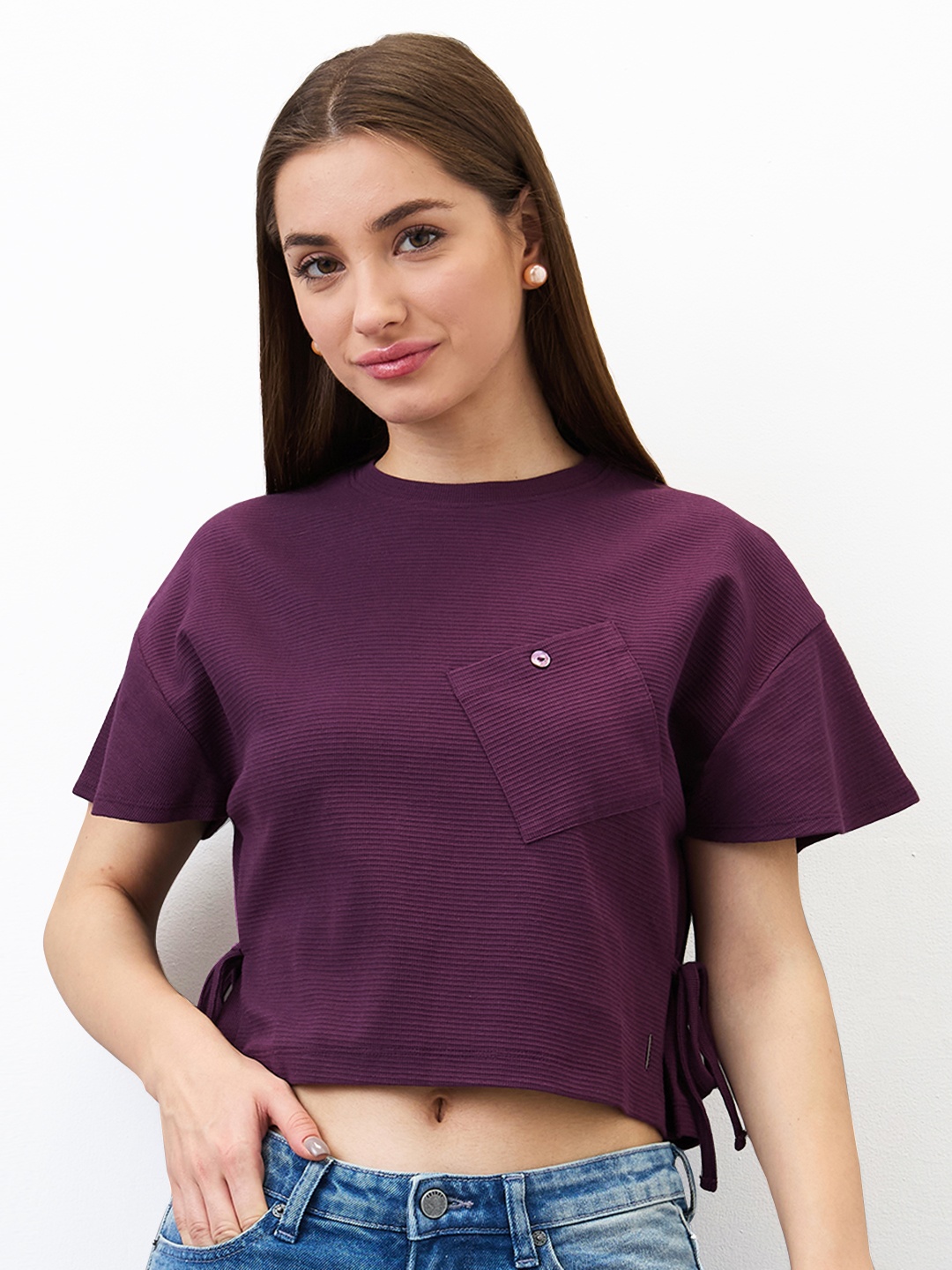 

SPYKAR Women Solid Round Neck Cotton Boxy T-shirt, Purple