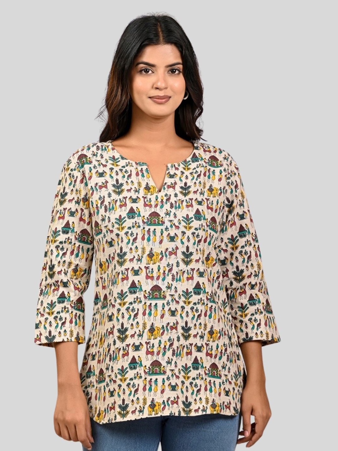 

GiftyBasket Women Graphic Printed Pure Cotton Kurtis, Beige