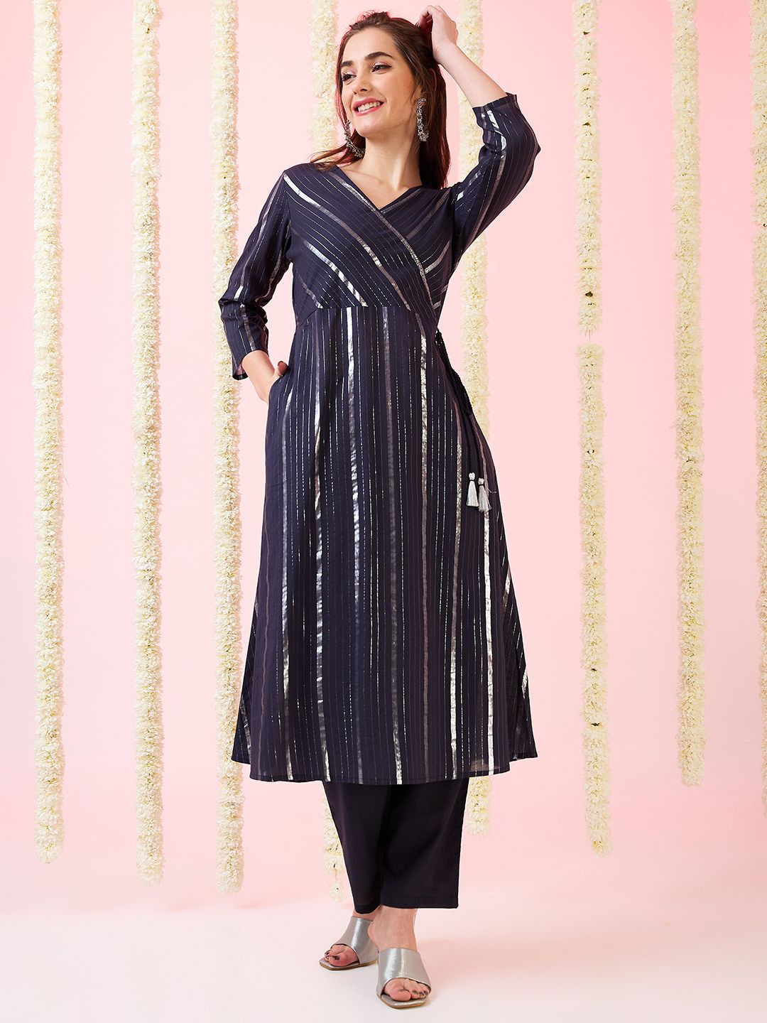 

Globus Striped Woven Design V-Neck Tassel Detail Regular A-Line Kurta With Trousers, Blue