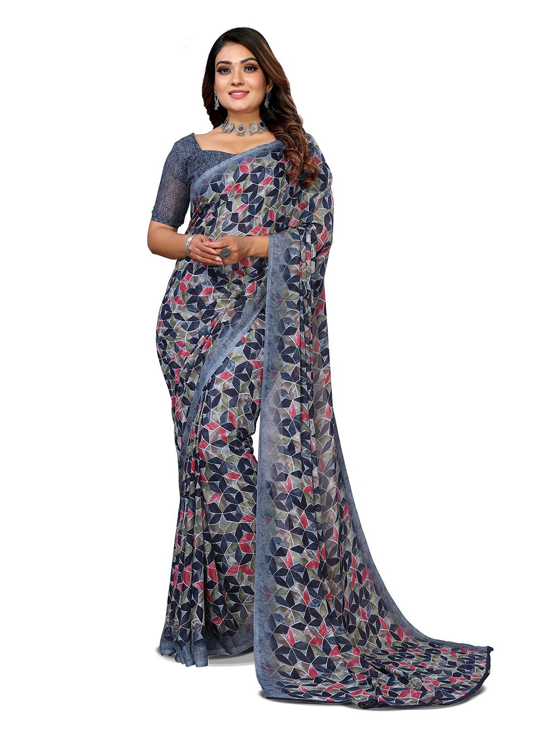 

Moda Rapido Geometric Printed Saree With Blouse Piece, Grey