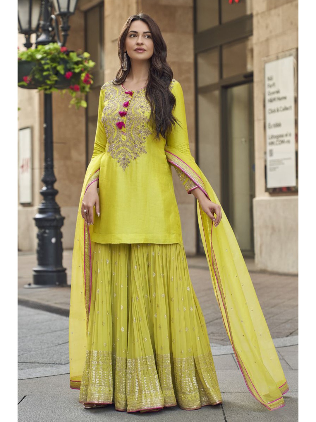 

SAMAAYA JAIPUR Floral Yoke Design Thread Work Georgette Kurta With Sharara & Dupatta, Olive