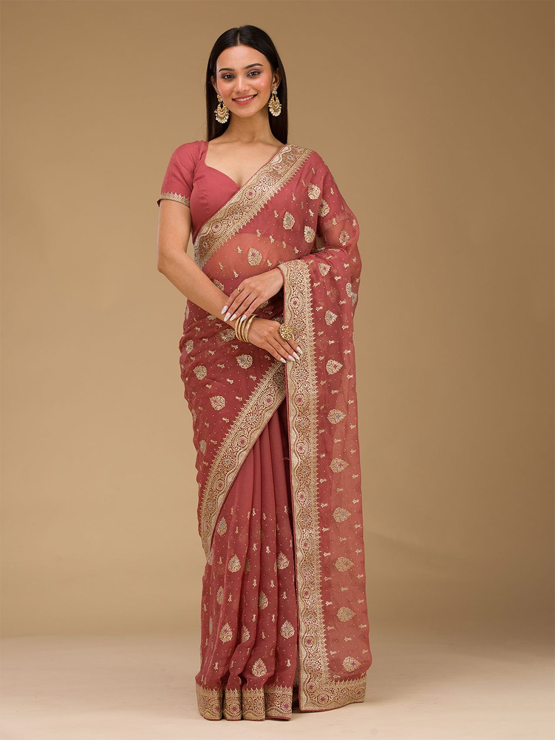 

Koskii Woven Design Rust Zari Work Chiffon Saree