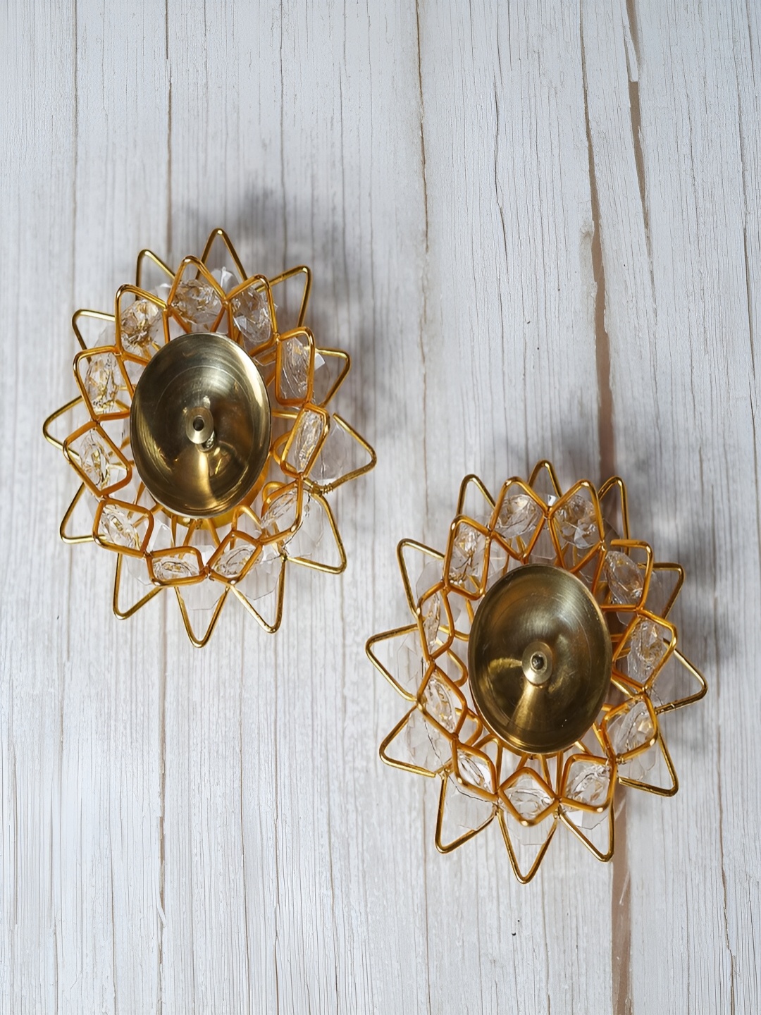 

Craftlayout Gold-Toned 2 Pieces Brass Decorative Crystal Diya