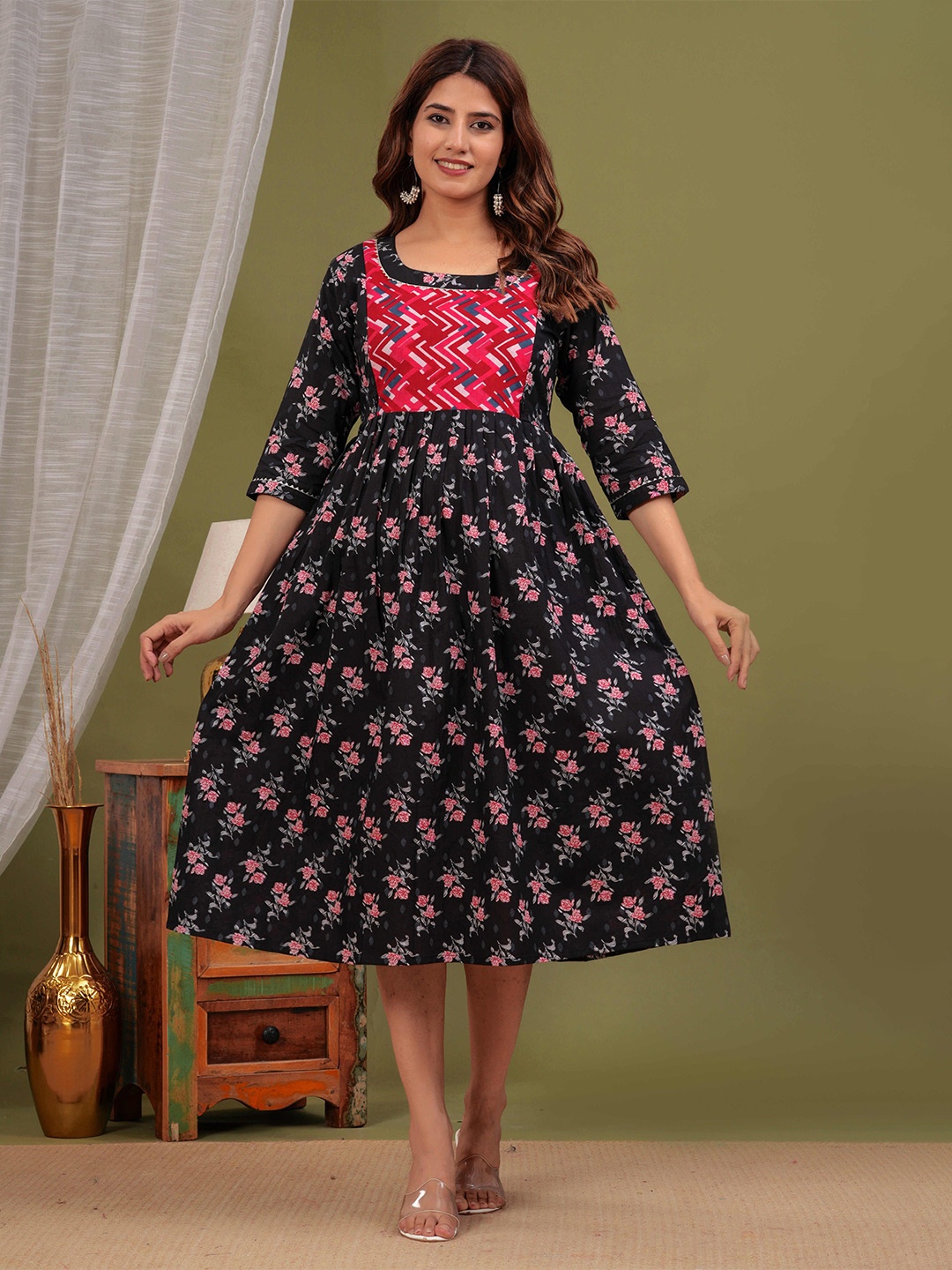 

FEMARY Women Floral Printed Maternity Fit and Flare Dress, Black