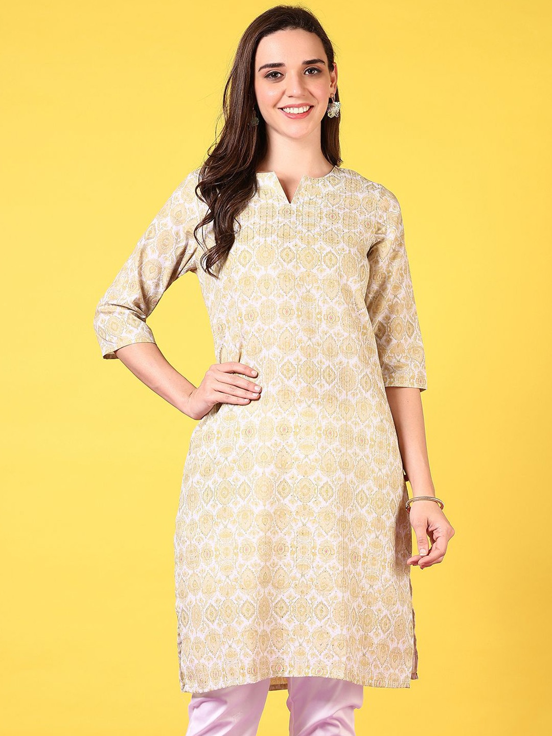 

V-Mart Ethnic Motifs Printed Notch Neck Straight Kurta, White