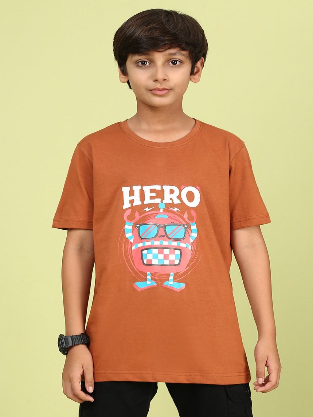 

YK Boys Graphic Printed Round Neck Cotton Relaxed Fit T-shirt, Rust