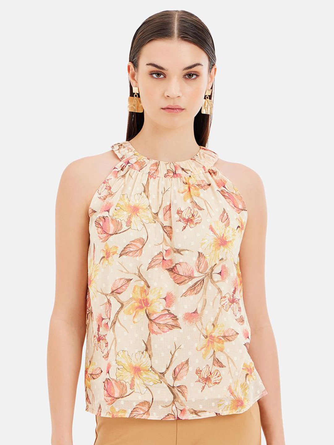 

Kazo Iris Floral Printed Back Tie-Up Halter Neck Top, Yellow