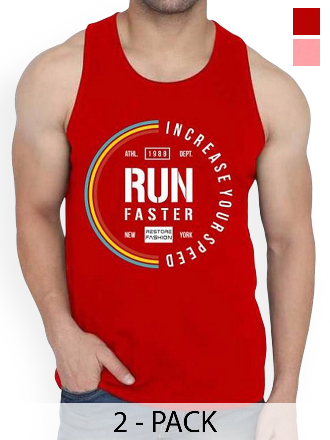

WOOSTRO Men Pack Of 2 Printed Round Neck Gym Vests, Peach