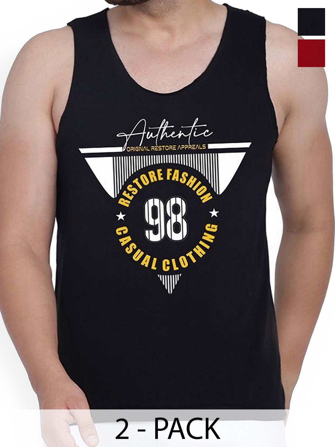 

WOOSTRO Pack Of 2 Printed Combed Cotton Gym Vest, Black
